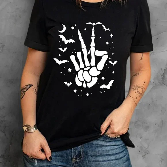 Black Halloween Bat & Skeleton Hand Graphic Tee - Picture 10 of 12